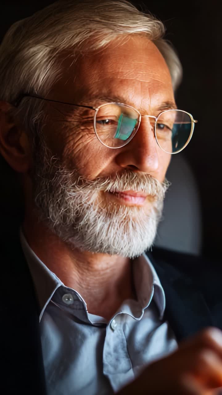 En betænksom, ældre mand nyder et stille øjeblik fordybet i tanker med et venligt smil og smarte briller, belyst af blødt, varmt lys