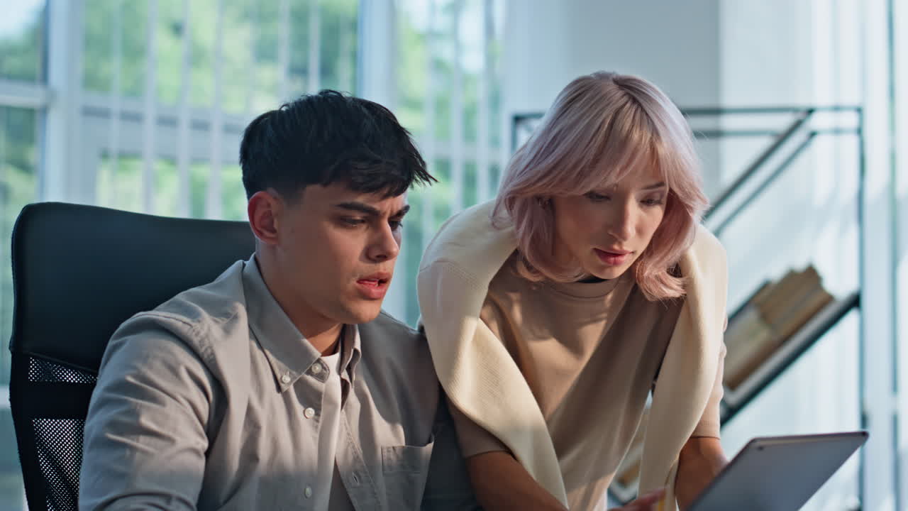 Disappointed businessman working office agency closeup. Woman showing tablet