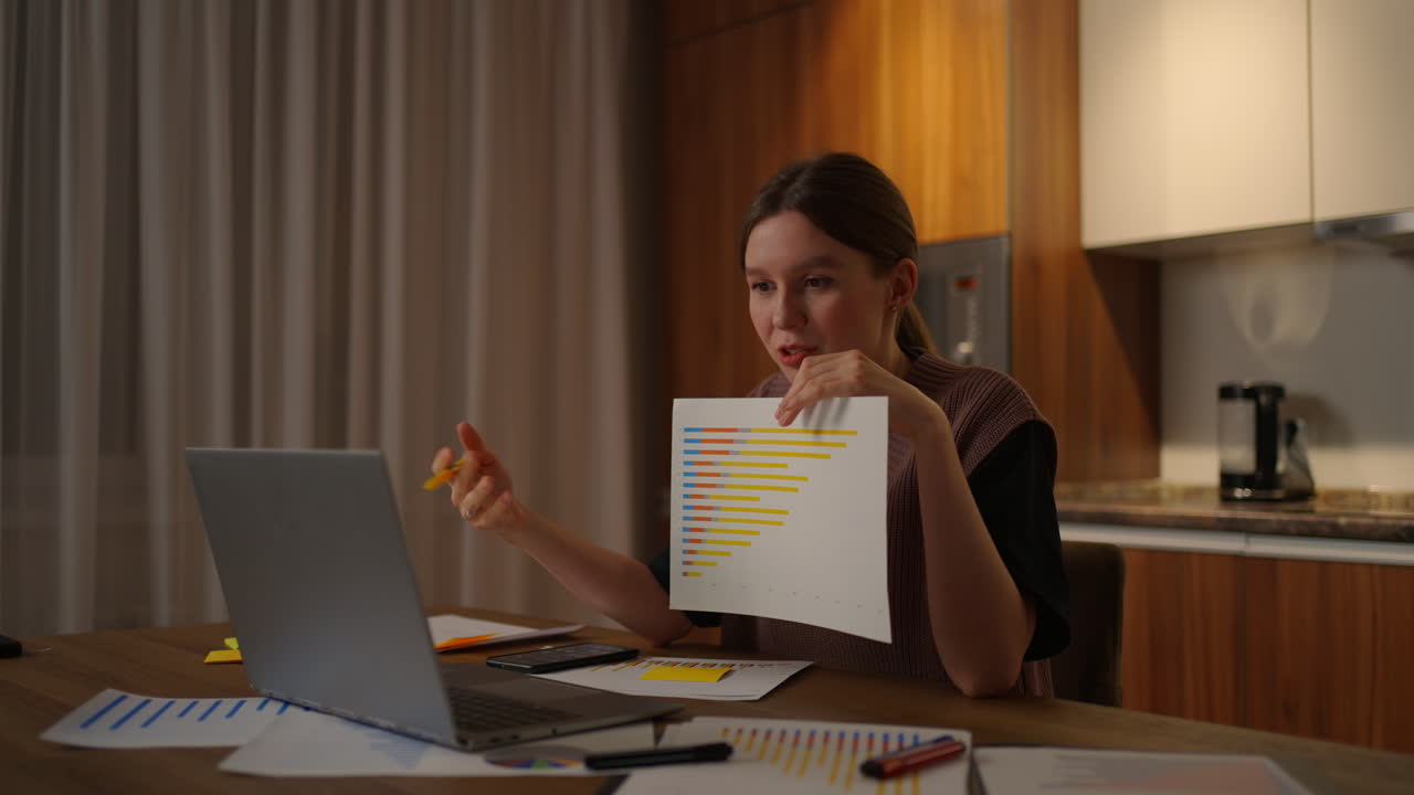 Remote work A young woman shows a graph in a laptop camera while sitting at home in the kitchen conducting an online report. Video call and conference with demonstration of documents and schedules