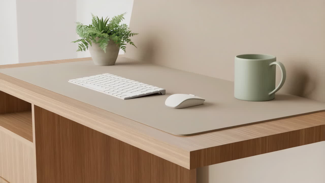 Minimalist Desk Setup with Keyboard, Mouse, Plant, and Mug