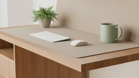 minimalist desk setup with keyboard, mouse, plant, and mug