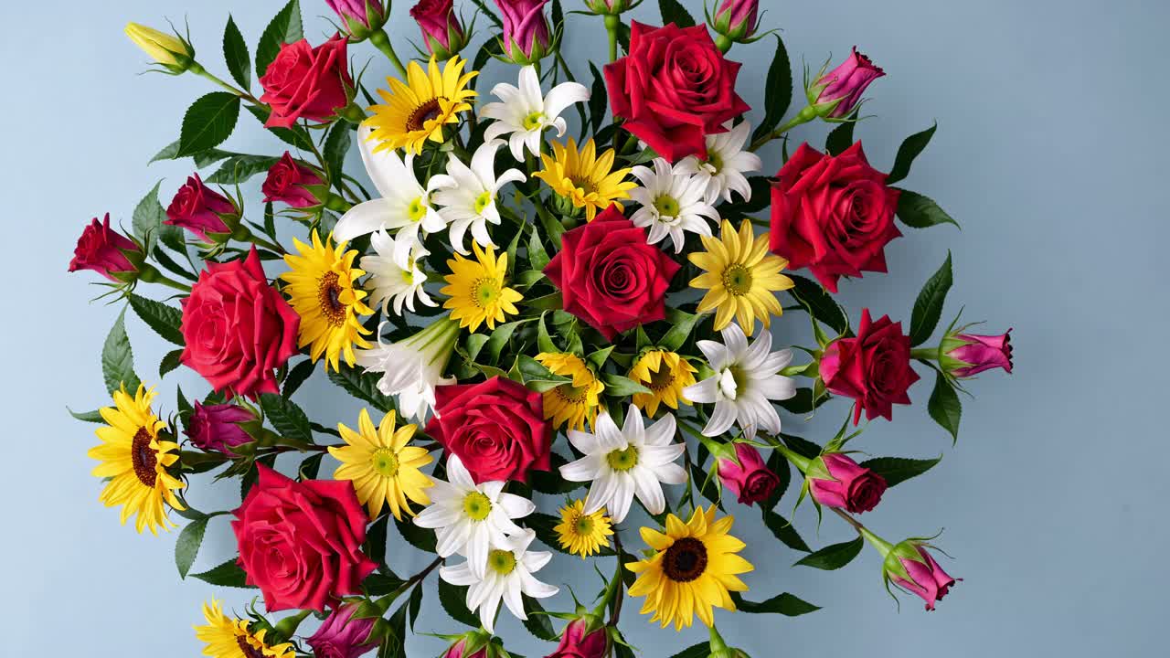 A vibrant floral arrangement with roses and daisies viewed from above