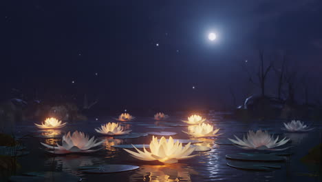 loop lotus flowers on a magical night on the water against the backdrop of the moon