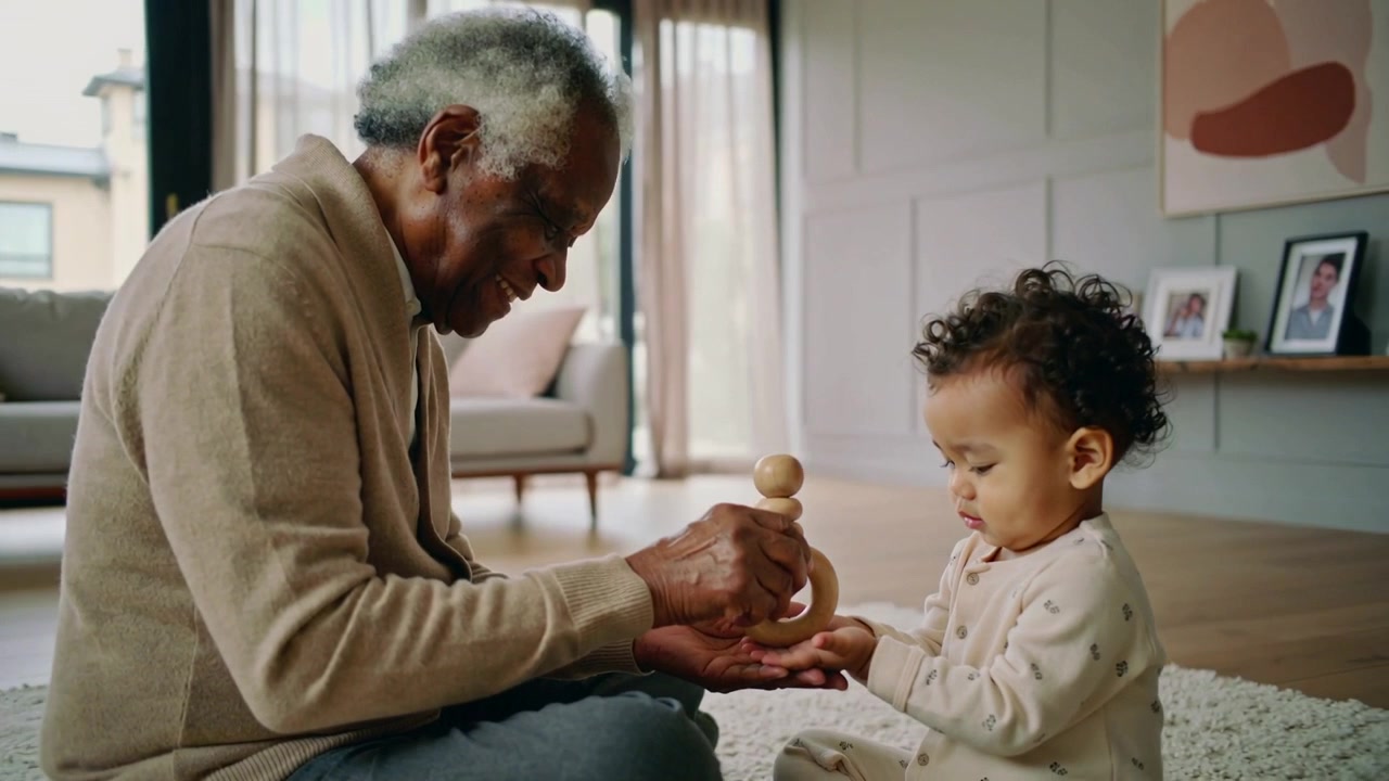 Nonno che aiuta un bambino piccolo ad afferrare un giocattolo ad anello di legno su un tappeto domestico testurizzato, indossando un cardigan.