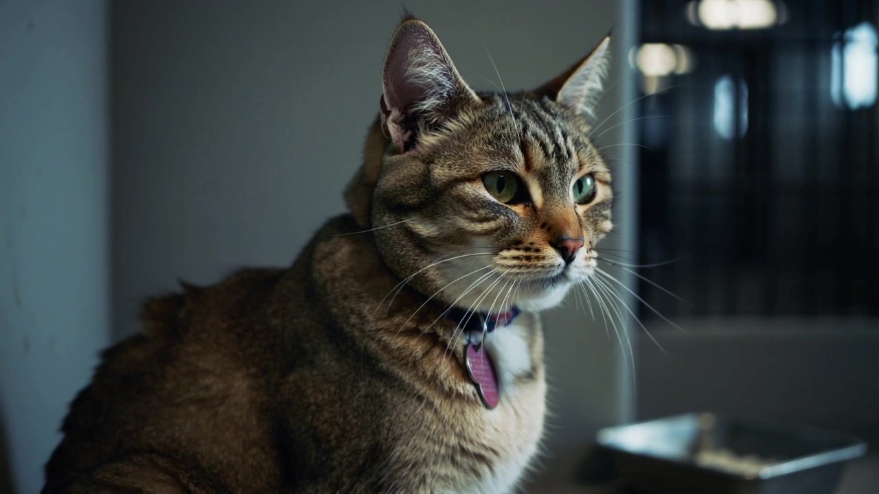 Gatto soriano che si gira e si concentra su un rumore fuori campo a casa sul bancone, indossando un collare blu, con una ciotola del cibo.