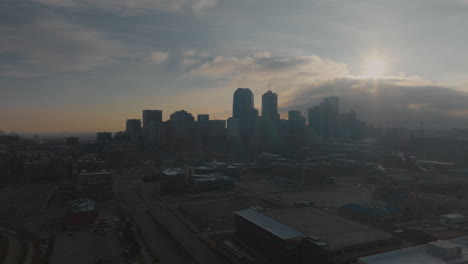 Aerial-view-of-Orbiting-Shot-of-Downtown-Denver-at-Sunrise