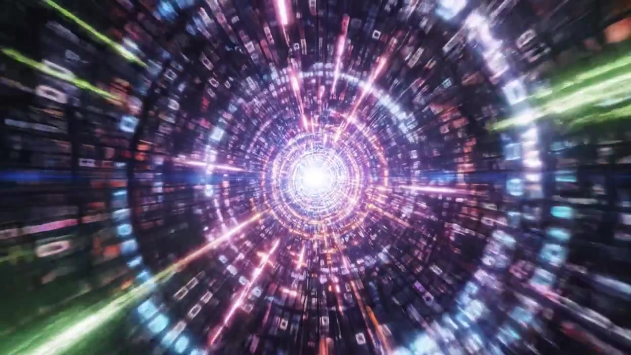 Un incredibile viaggio visivo attraverso dimensioni digitali: esplorando la trasformazione dinamica e i colori vibranti dei dati in un tunnel iperspaziale.