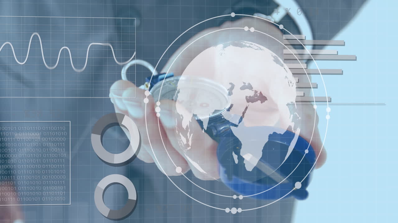 통계 및 데이터의 애니메이션과 코카서스 비즈니스맨이 나침반을 들고 있는 세계