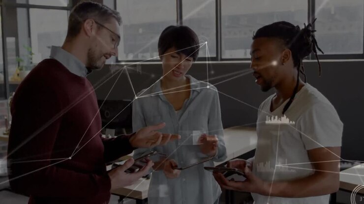 Animation of network of connections over diverse office colleagues discussing at office