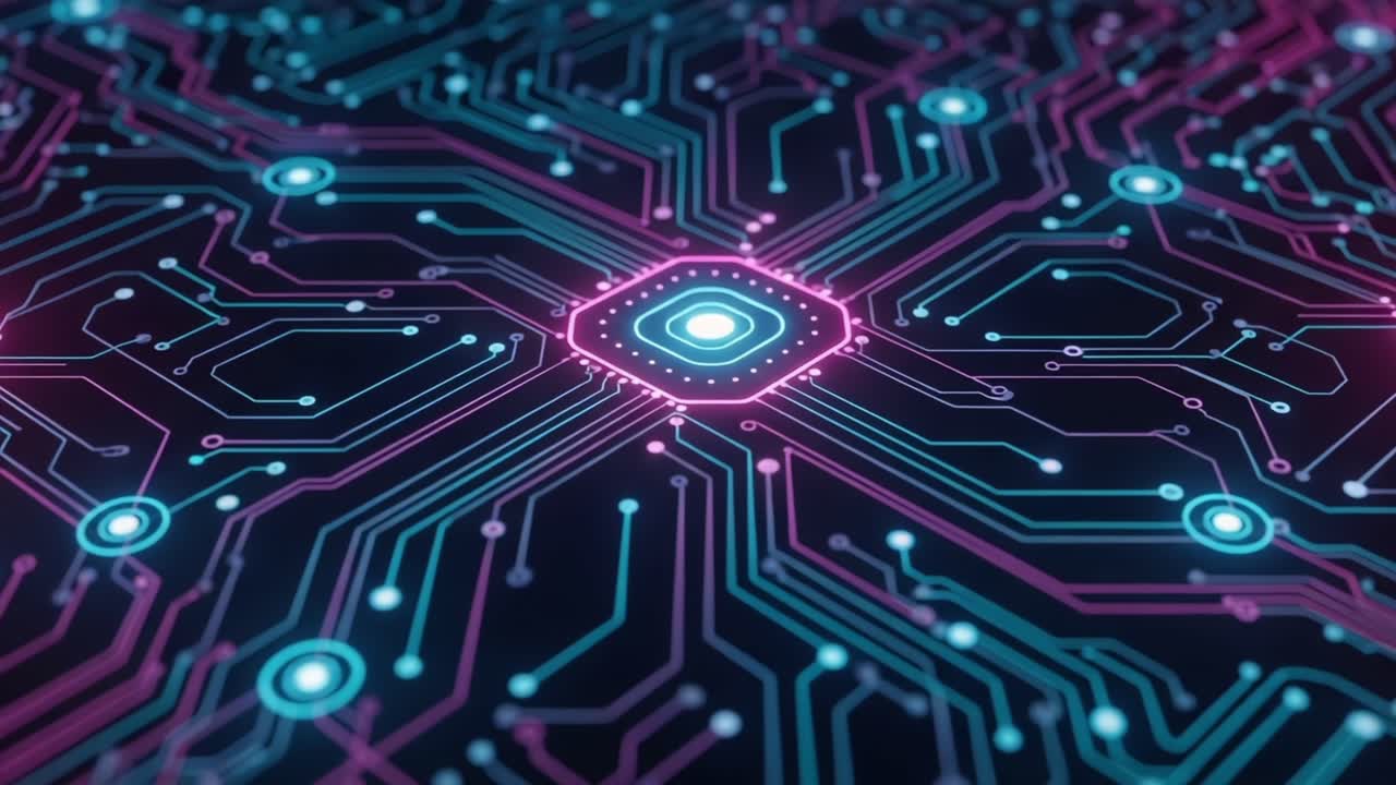 A Stunning Visual Representation of a Futuristic Circuit Board with Neon Lights, Featuring Complex Patterns and Connectivity for Advanced Technology and Computing Applications