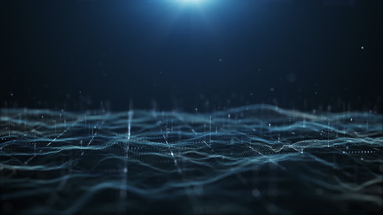 Blue landscape mountain and flare glitter light shine beam with dust particle effect abstract background.