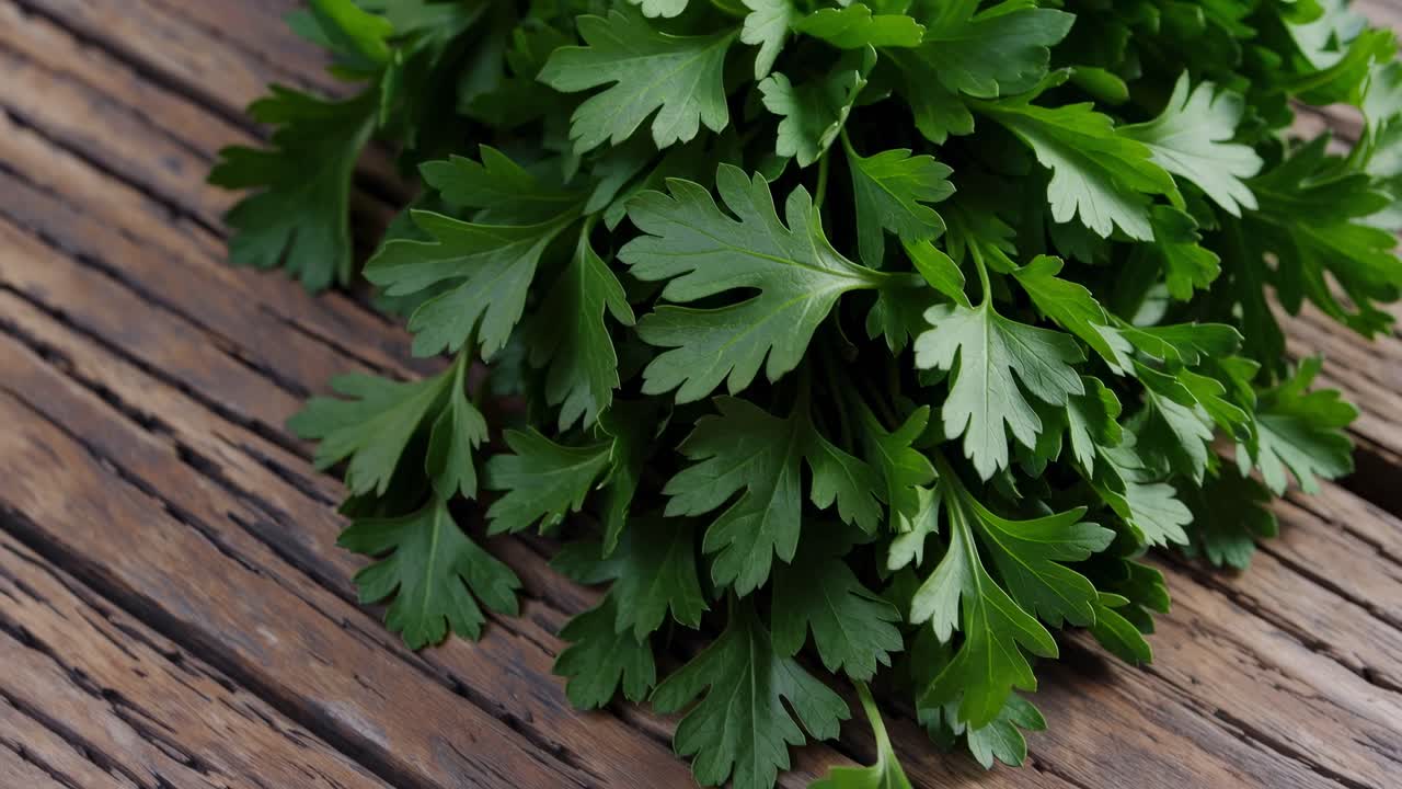 Close-up video still of fresh parsley on rustic wooden surface, shot from above