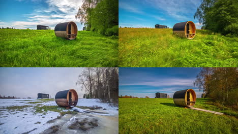 split screen timelapse with four seasons of country shelter with cloudy sky