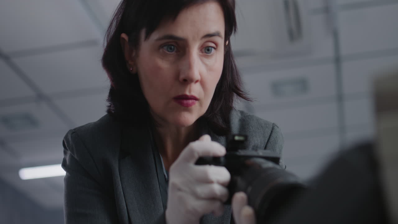 mujer con guantes ajustando una cámara