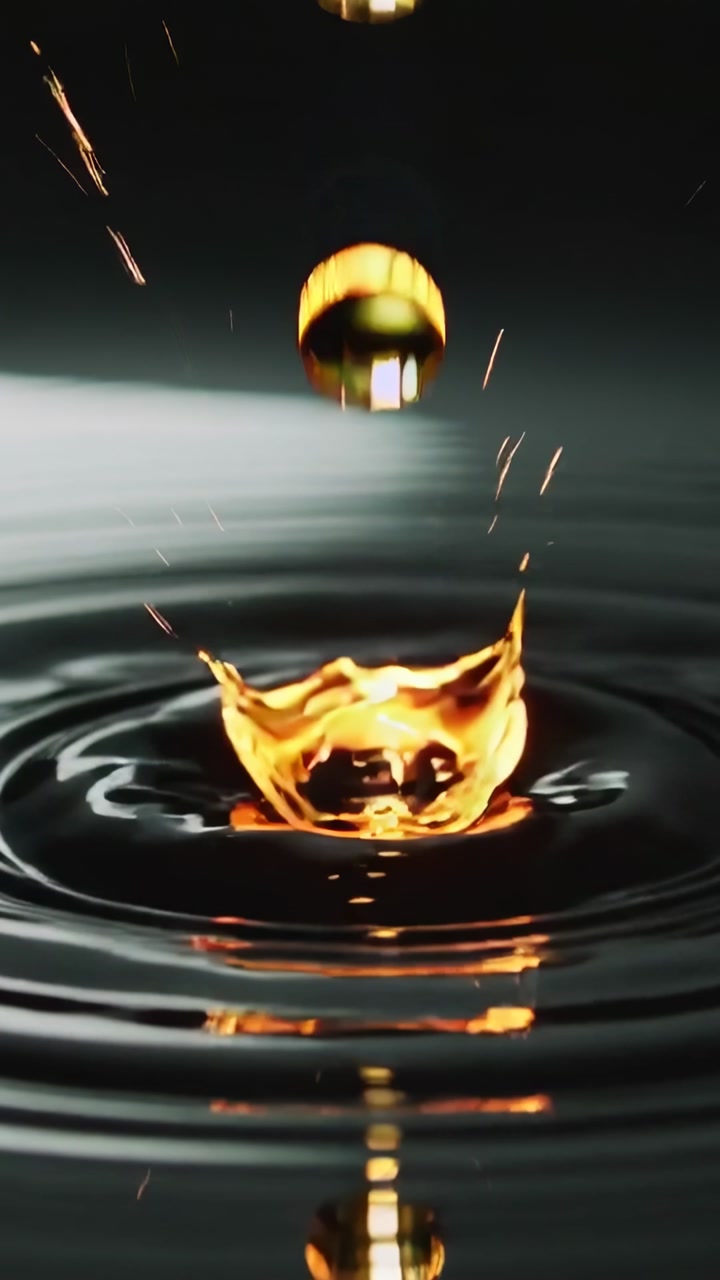 Vertical video: Gravity pulling gold droplet forming crown splash in dark pool creating bright ring
