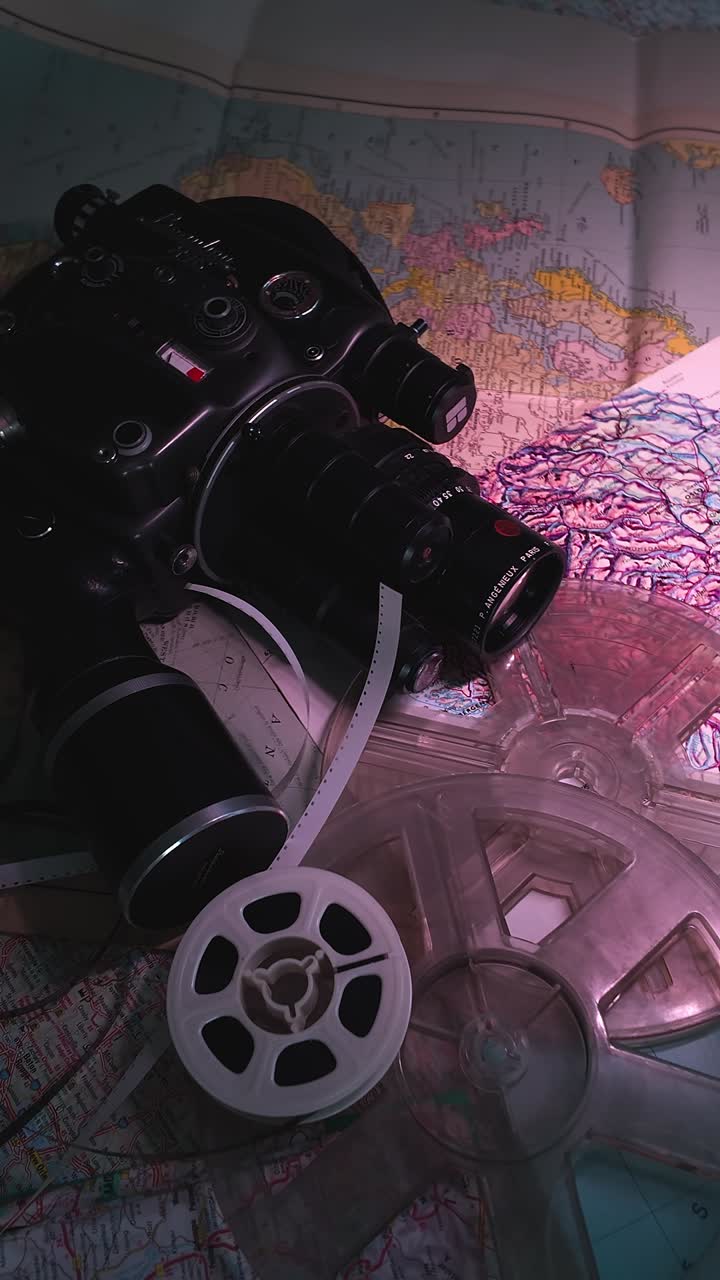 Vintage home movie camera with analog film reel on travel map CLOSE-UP