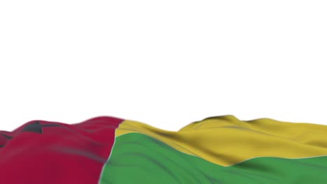 guinea bissau fabric flag waving on the wind loop. guinea bissau embroidery stitched cloth banner swaying on the breeze. half-filled white background. place for text. 20 seconds loop.