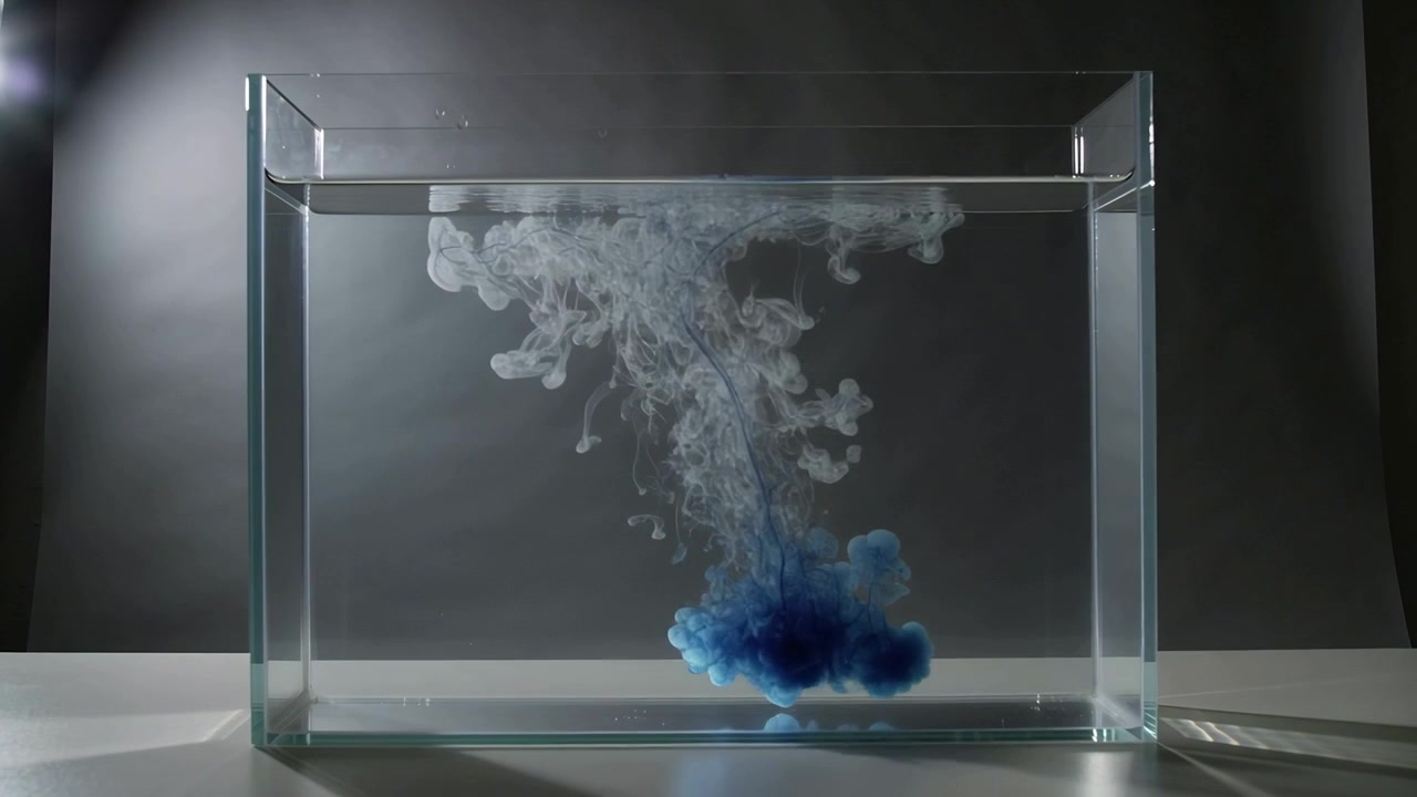 Releasing blue dye plume descending in studio glass tank, with white cloud forming to show mixing
