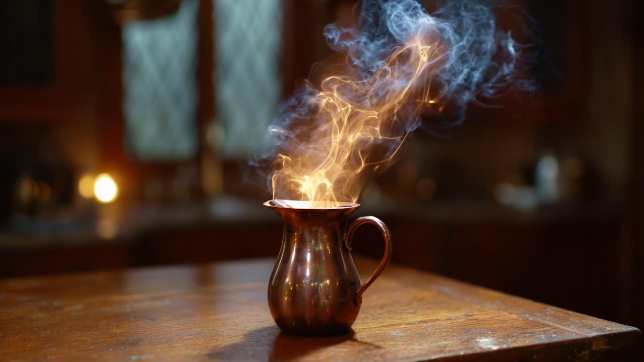 Una impresionante exhibición de vapor y humo que emana de una taza de cobre sobre una superficie de madera en un entorno con luz tenue, que evoca calidez y misterio