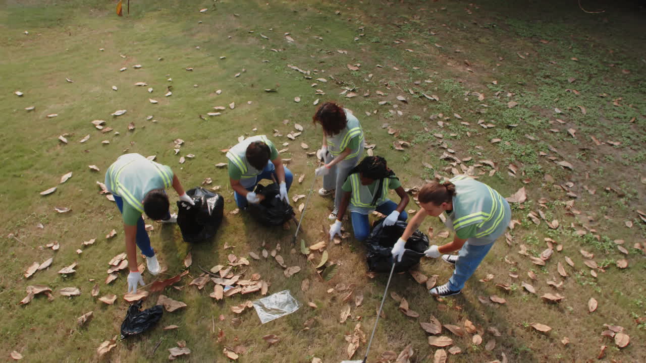 Diverse Team Visiting Park to Collect Garbage View from above