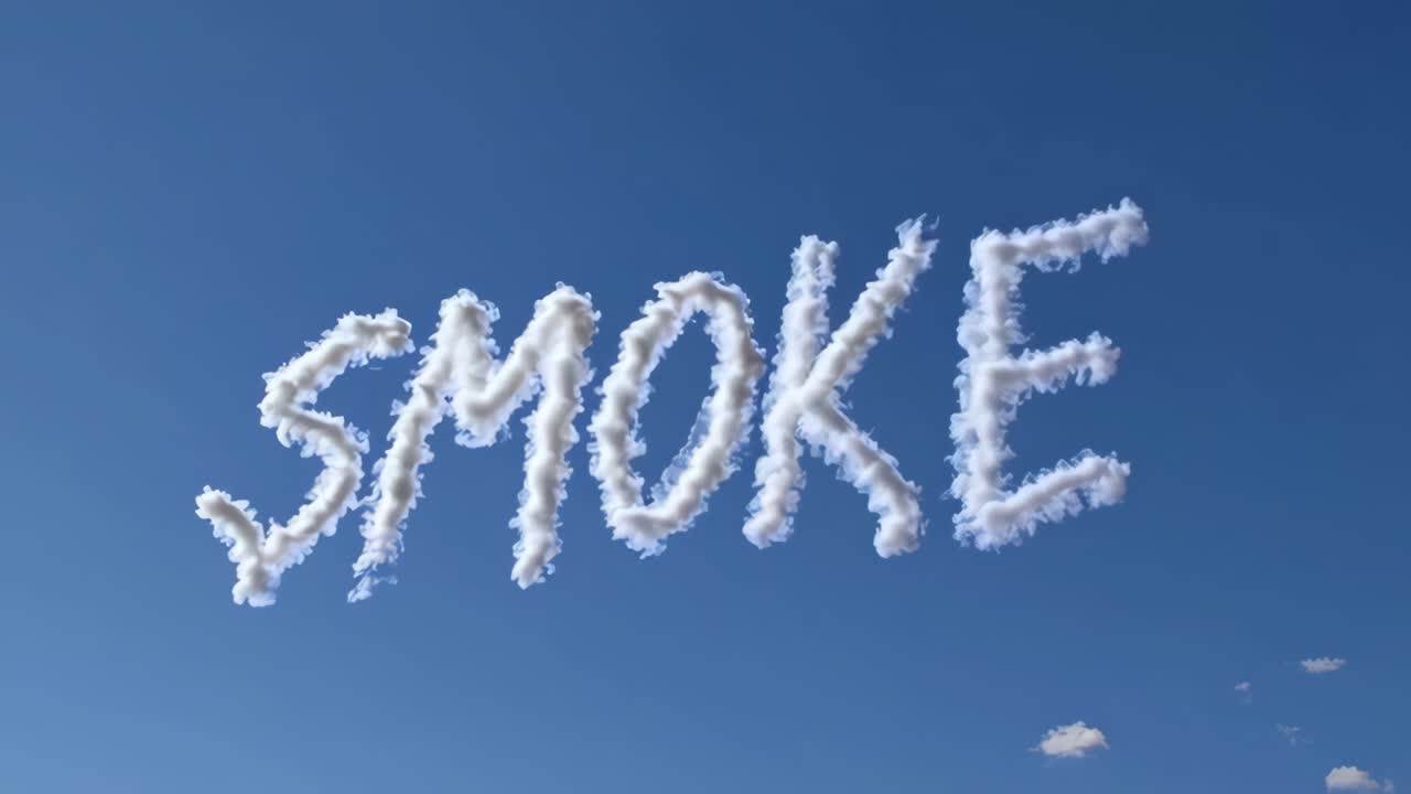 Skywriting displays the word 'SMOKE' against a clear blue sky, capturing the art of aerial messages