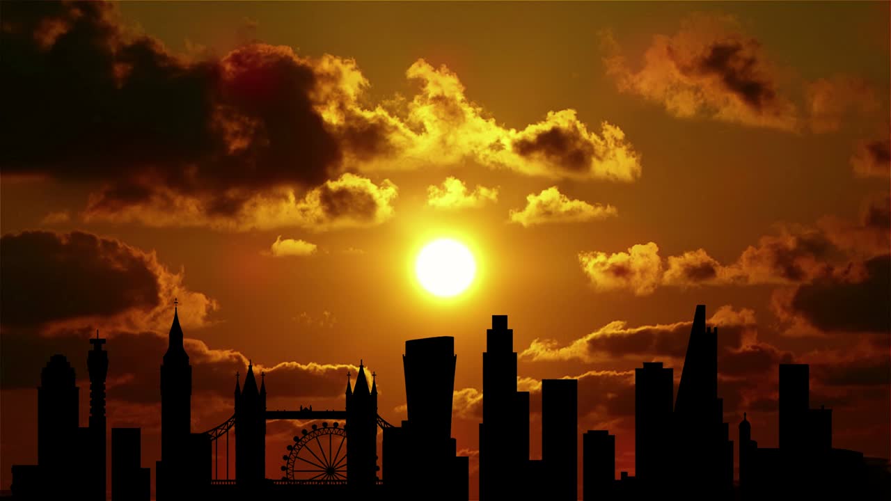 puesta de sol en londres. 4k. bucle. los contornos de los edificios de la ciudad.