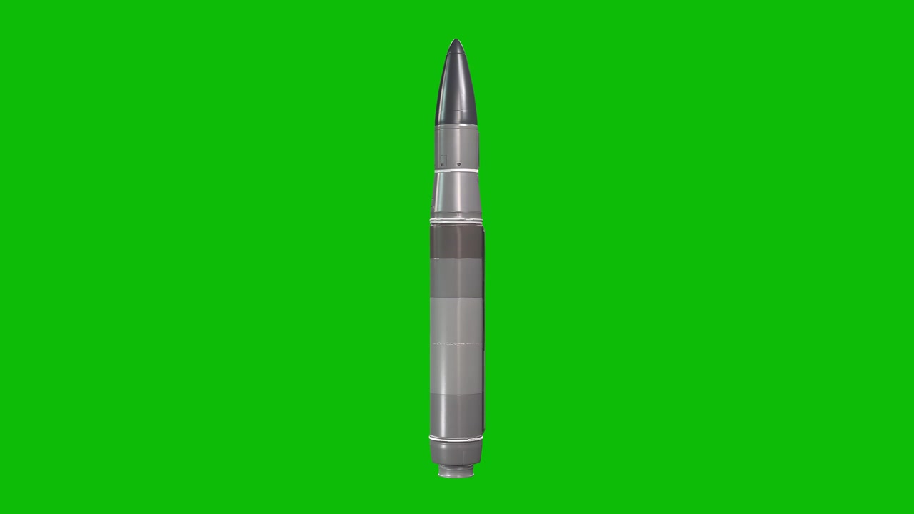 Design dettagliato 3D di missile nucleare militare 03, con corpo metallico, ogiva aerodinamica, isolato su sfondo verde. Missile balistico intercontinentale (ICBM) moderno a combustibile solido, tecnologia aerospaziale, concetti militari, immagini belliche