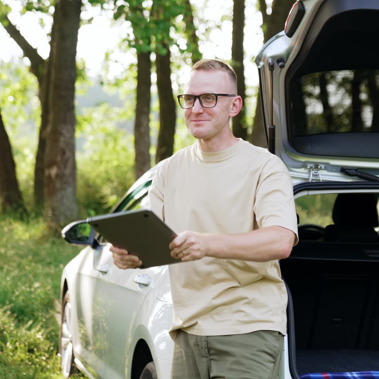Serious Caucasian man holding a laptop in hands standing near the car outdoors. Male opens gadget and switches it on starting work