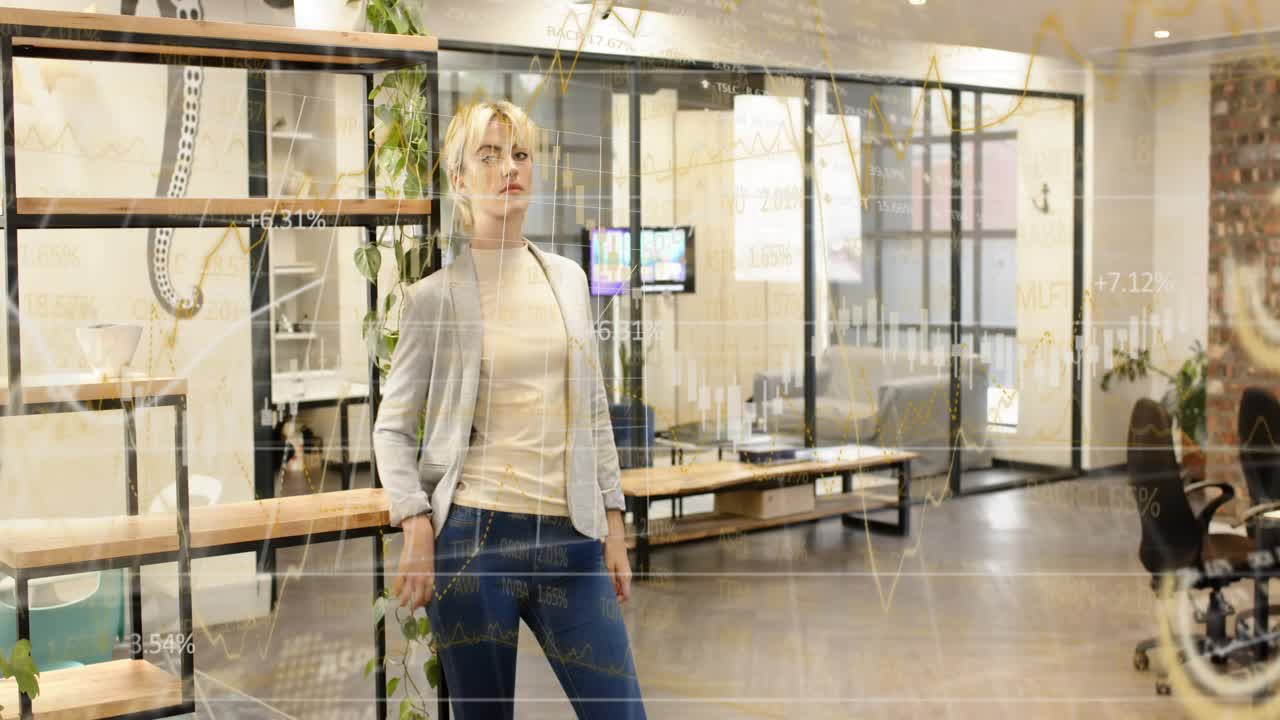 Woman adjusting blazer, scanning office and initiating finance overlay showing percents for review