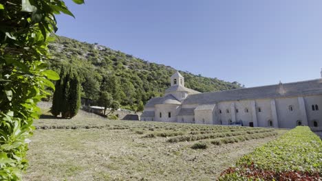 Stone-churches-complex-with-monastery-buildings-in-the-sun-of-France-with-beautiful-fields-in-front-of-it-in-France