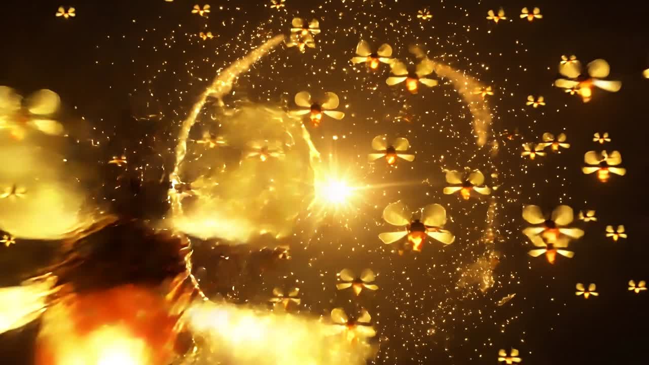 Lanzando una llamarada brillante cerca de una Tierra dorada, con partículas formando un anillo y pétalos giratorios con núcleos iluminados.
