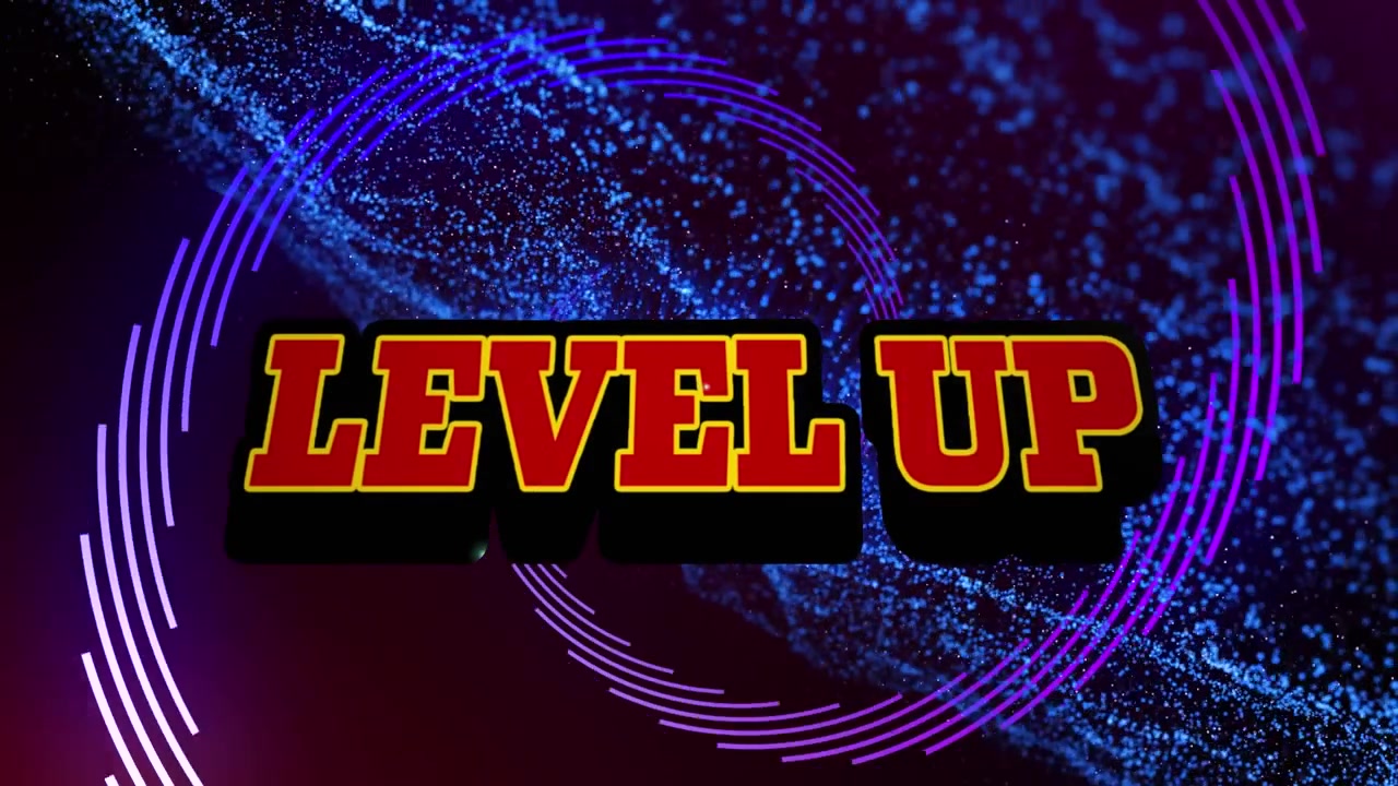 Animation of start text over moving colorful geometrical shapes on dark background