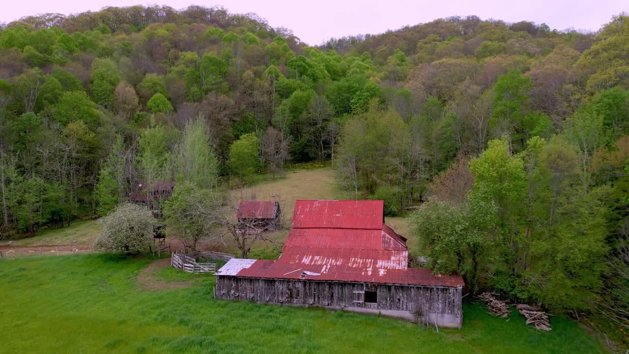 slow aerial push over old barn in matney nc, north carolina near boone, blowing rock and banner elk nc, north carolina