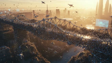 a stunning futuristic vision of a bridge filled with flying drones and a cityscape backdrop bathed in golden sunset light, evoking an atmosphere of innovation and technology
