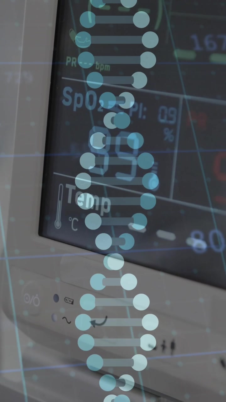 Animazione di DNA ed elaborazione dati su monitor in ospedale.