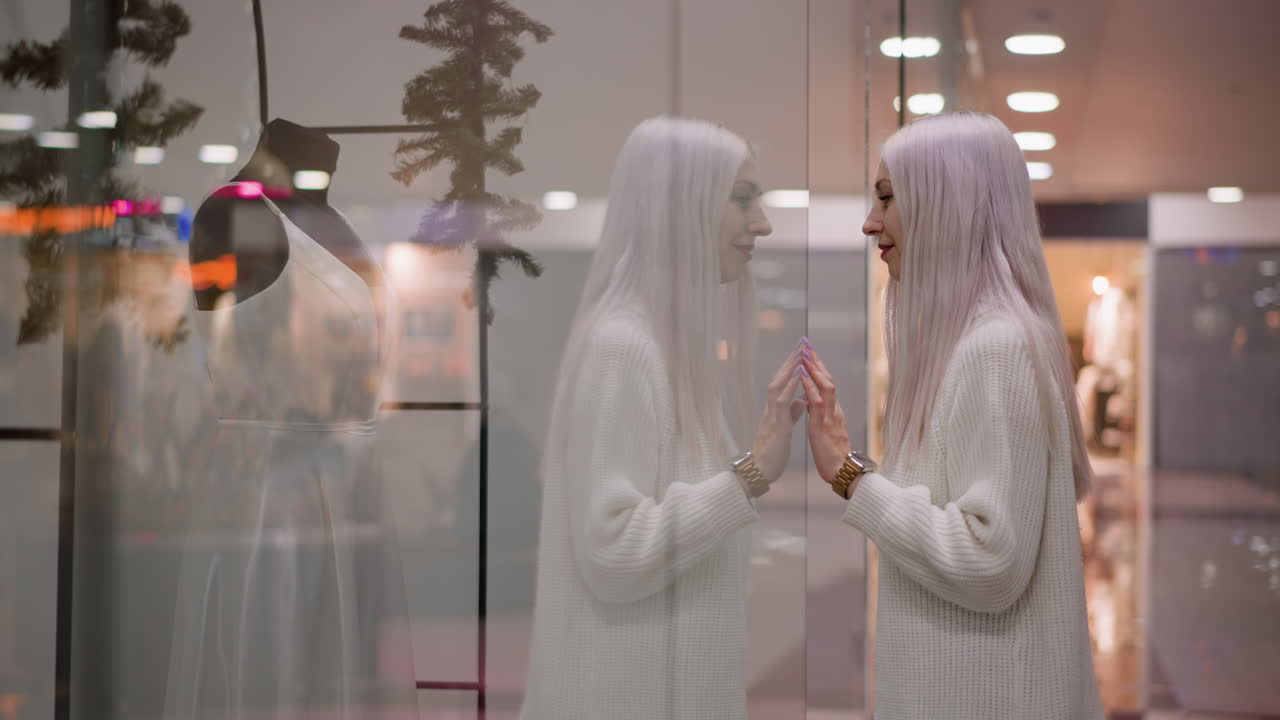 stylish woman carrying handbag touching boutique window glass in admiration while viewing sleeveless long satin dinner gown on mannequin soft lighting reflecting interior creates elegant atmosphere