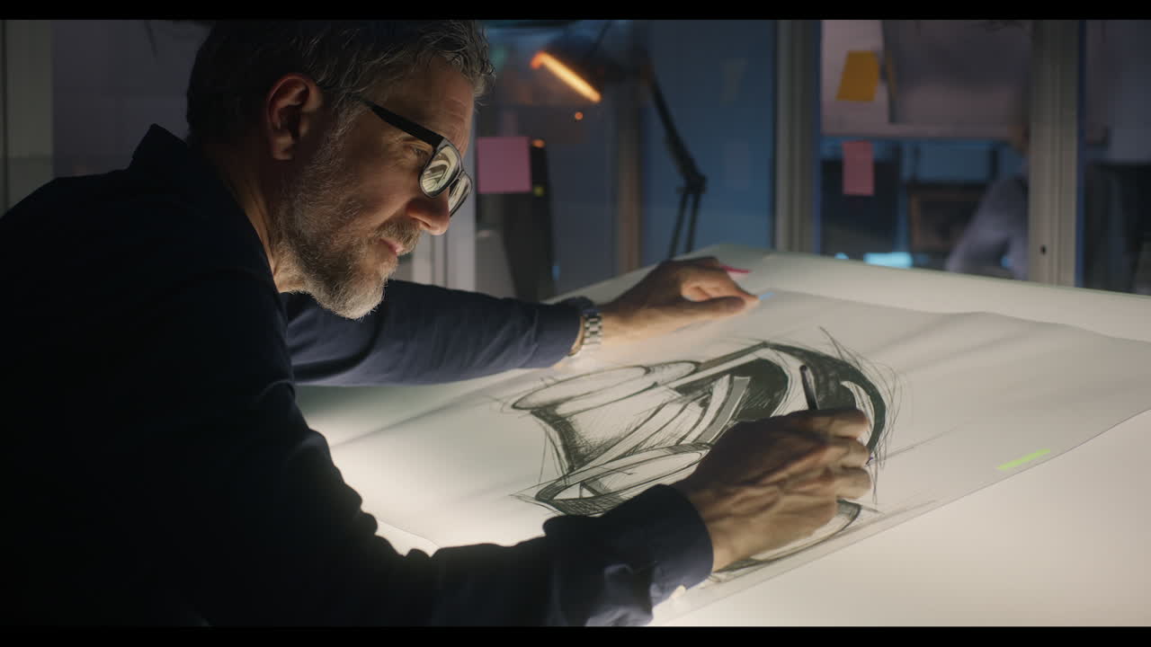 Man sketching a design on a light table
