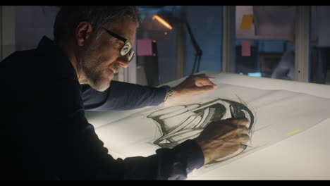 man sketching a design on a light table