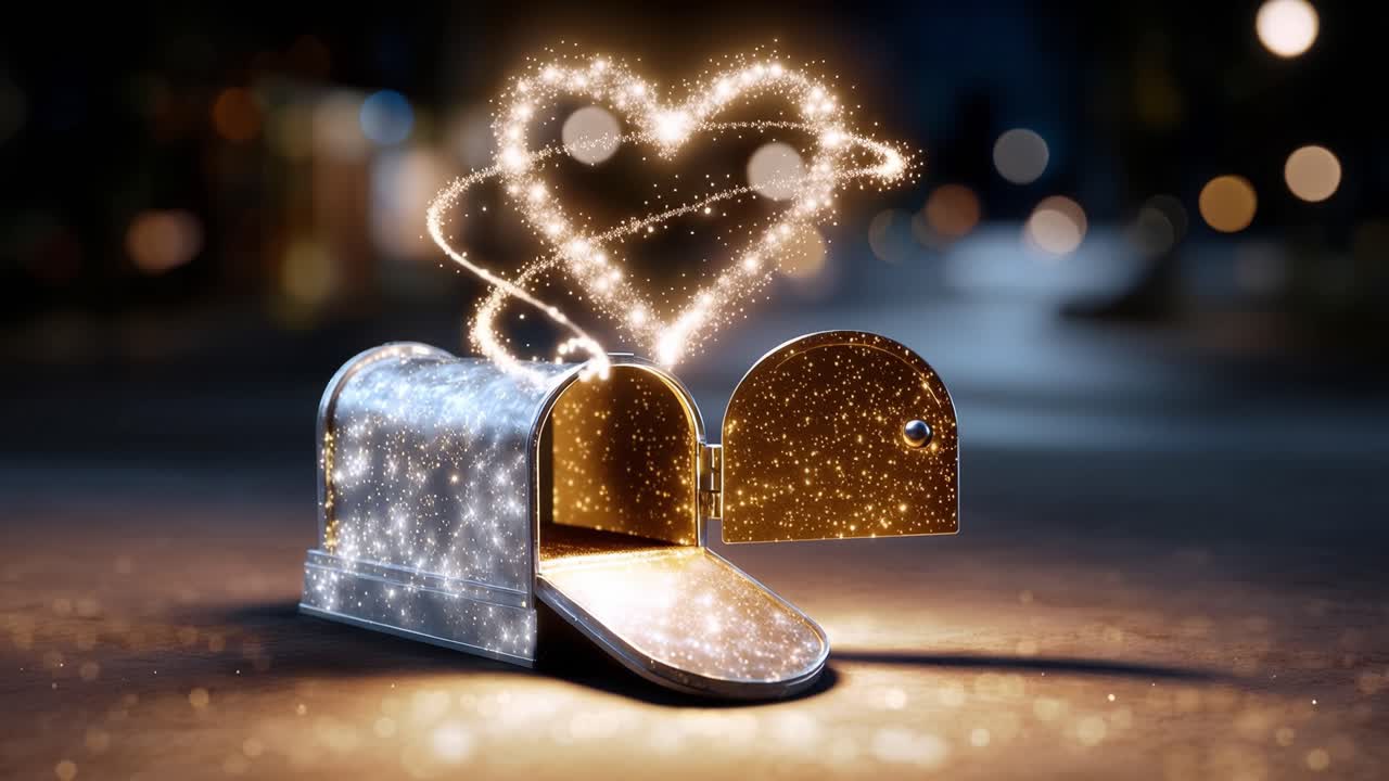 Heart-shaped sparkles burst from a mailbox. Night lights blur softly behind the glowing scene. Golden sparkles cascade from the open lid. Warm, magical energy radiates from the mailbox