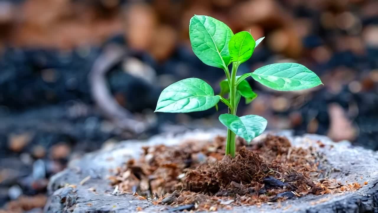 A small plant growing out of a tree stump