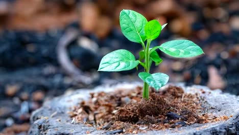 a small plant growing out of a tree stump