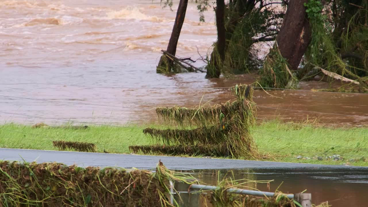 A fence covered in debris after a flood on the Gold Coast, Queensland, Australia. Evidence of receding brown water contrasts with green grass and trees in the background.