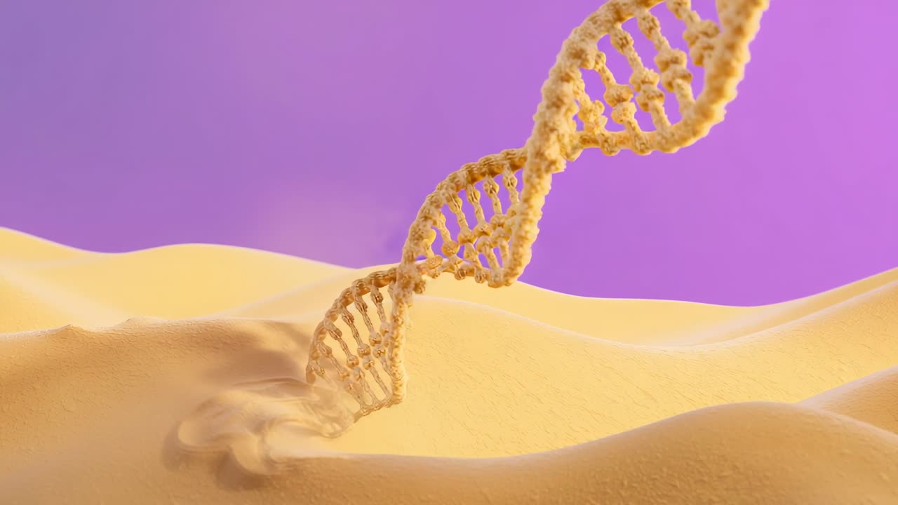 Emerging sandy DNA double helix uncoiling from lower left dune across sand dunes, with sand falling