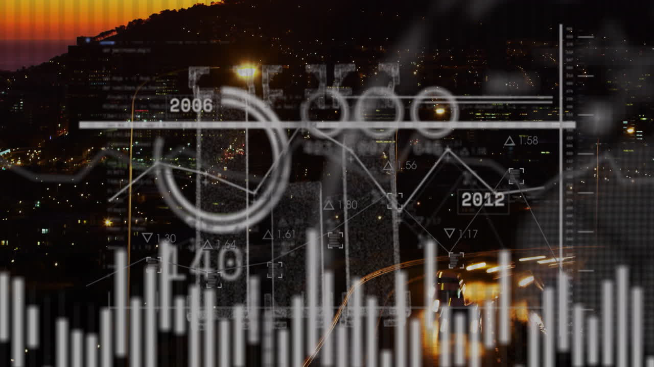 Animating financial data and graphs over cityscape at night