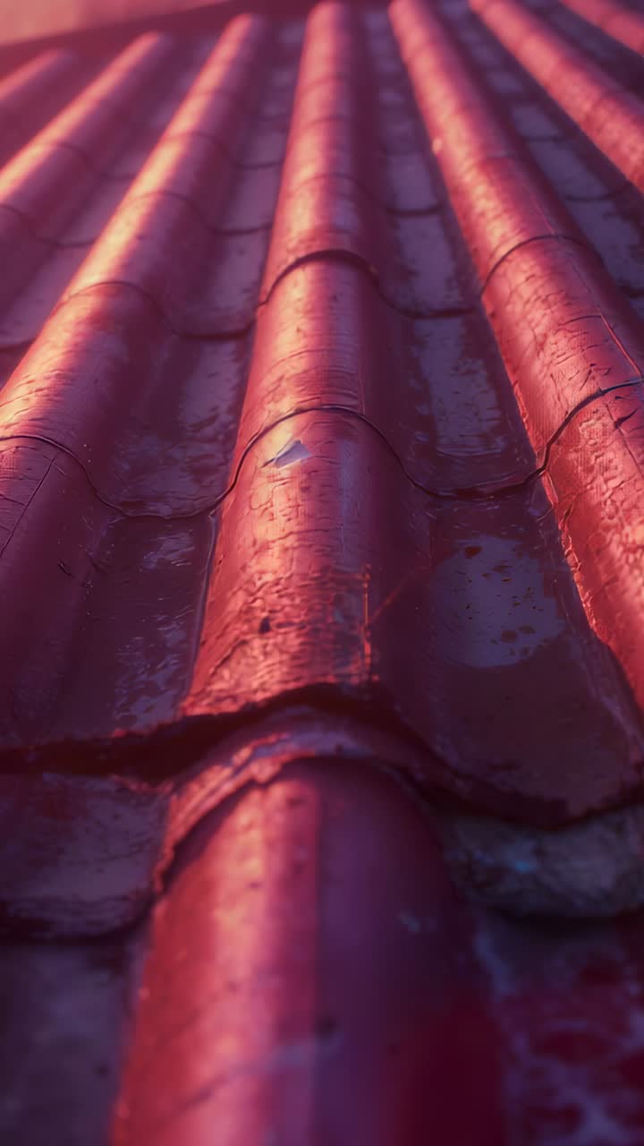 Vertical video: Tracking camera moving upward along sloped roof, revealing wet red ridge tiles