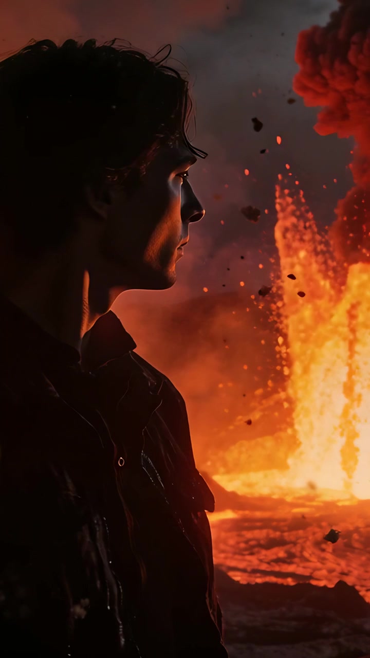 Video vertical: Reaccionando a la erupción, hombre girando, retrocediendo en la boca del volcán, chaqueta, lava, espacio para texto