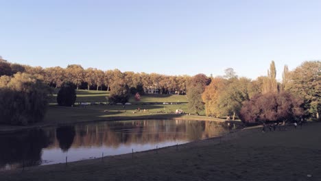 shadow of sunset cast over beautiful autumn park with pond and colorful trees - parc woluwe brussels