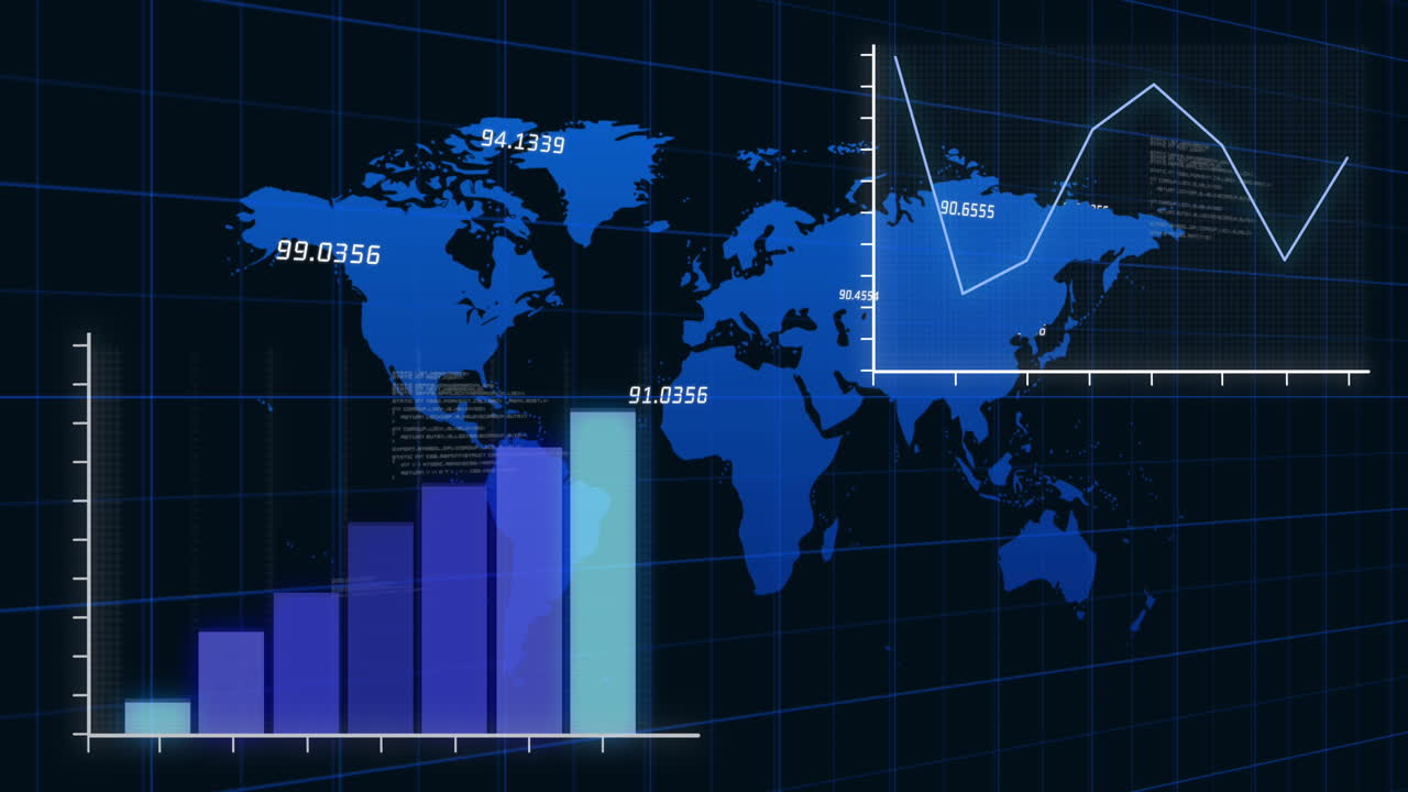 animación del procesamiento de datos financieros con estadísticas sobre el mapa del mundo