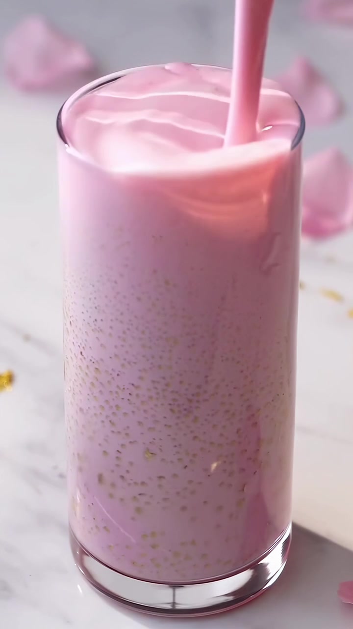 Bevanda rosa con glitter dorati versata in un bicchiere