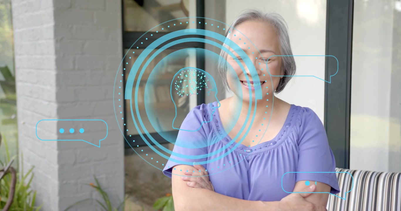 On start woman demonstrating brain-interface tech on patio, pulsing chat icons syncing head tilting